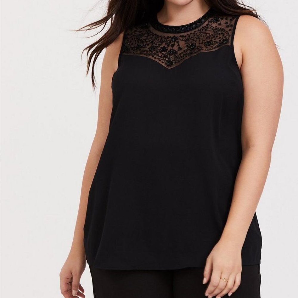 TORRID - Black Georgette Embellished Mock Neck Tunic Tank - Size 2